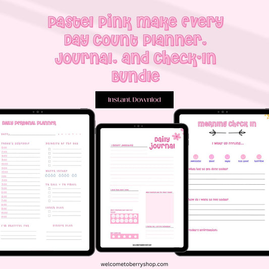 Pastel Pink Make Every Day Count Planner, Journal, and Check-In Bundle
