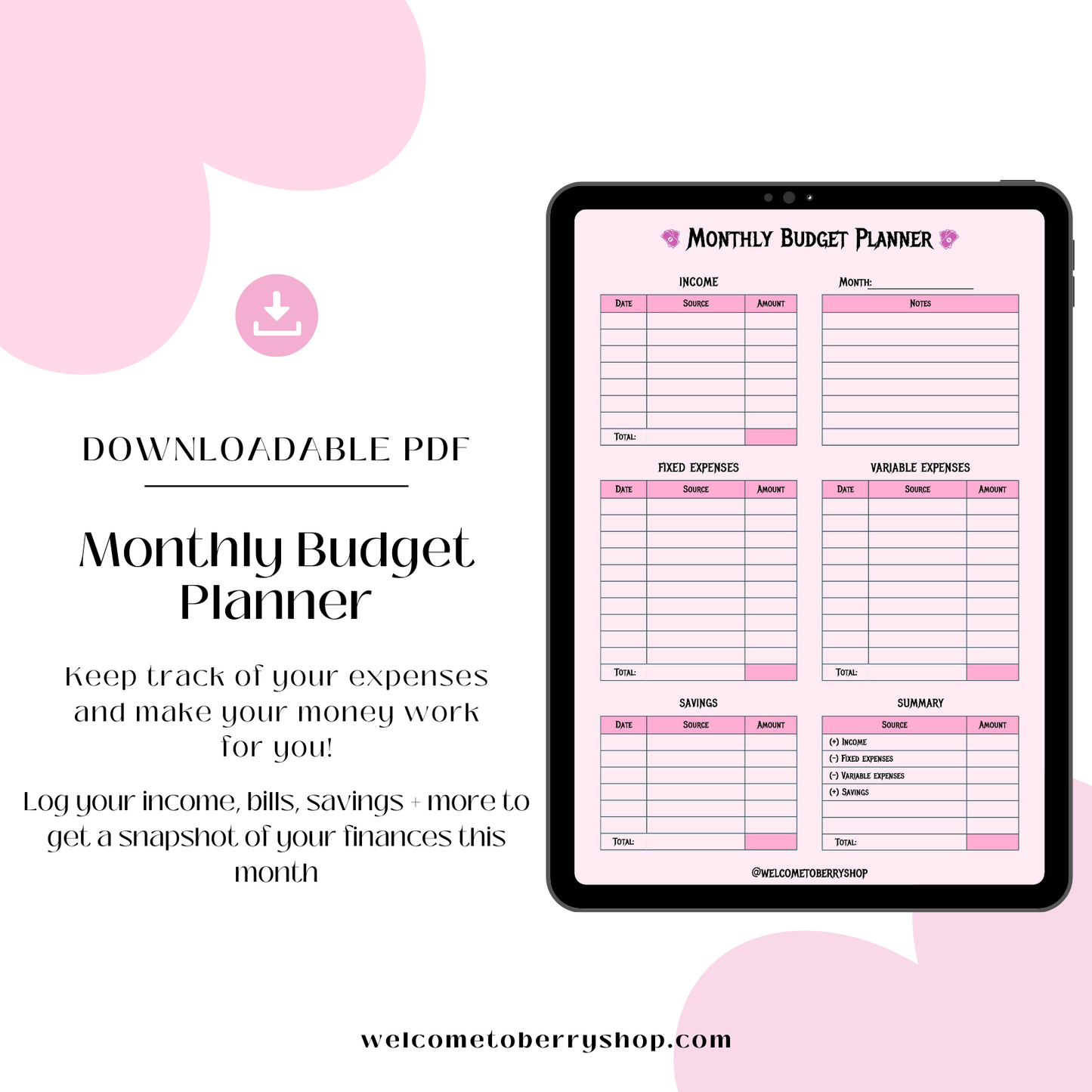 Berry's Monthly Budget Planner PDF Sheet + 10 Bonus Money Tips!